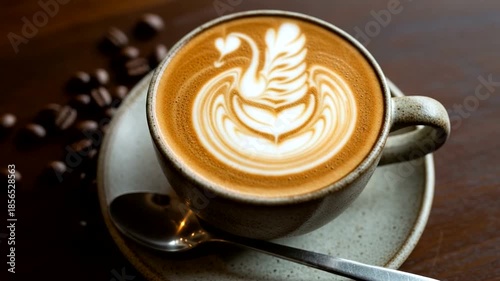 Elegant latte art of a swan on a coffee cup