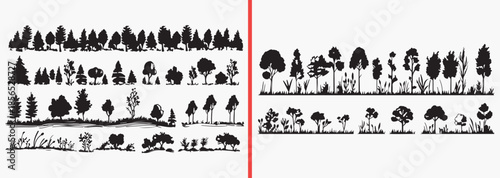 tree landscape silhouettes, nature scenery vector, forest horizon clipart, outdoor landscape svg, countryside illustration, woodland scenery art, black nature silhouettes, environment design graphics,