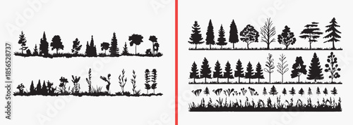 tree landscape silhouettes, nature scenery vector, forest horizon clipart, outdoor landscape svg, countryside illustration, woodland scenery art, black nature silhouettes, environment design graphics,