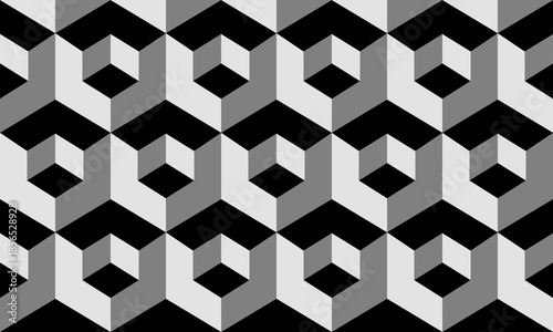 Geometric cube grid seamless pattern in isometric style, Abstract 3d cube pattern texture in gray tones. Vector illustration design for background, wallpaper.
