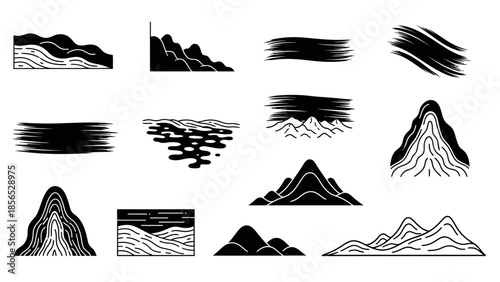 Abstract Ink Brush Strokes and Mountain Landscape Elements Set.