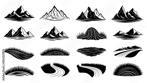 Collection of Hand-Drawn Mountain and Landscape Elements in Black and White.