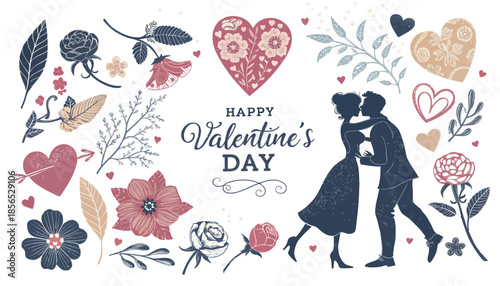 Romantic Valentine's Day couple embracing surrounded by hearts and flowers