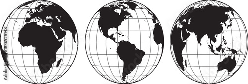 Multiple Globe Views Detailed Black and White Illustrations of Earth's Continents and Geographical Grid