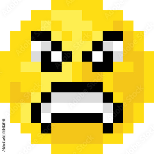 Furious pixel art emoji emoticon with clenched teeth and furrowed brows. Bold 8 bit digital icon expressing anger or frustration, ideal for chat reactions, retro sticker packs, or pixel art games.