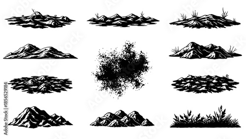 Collection of hand-drawn natural elements including mountains, hills, and grass.