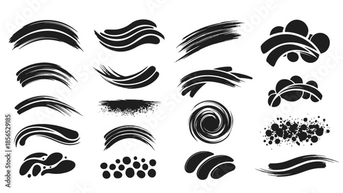 Collection of various black ink brush strokes and paint splatters.