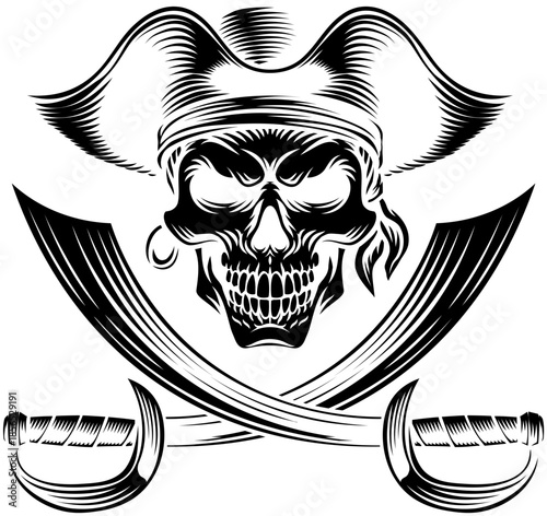 Pirate skull crossbones wearing a tricorn captain hat with crossing sabers or scimitar cutlass pirate swords. In a vintage retro woodcut style.