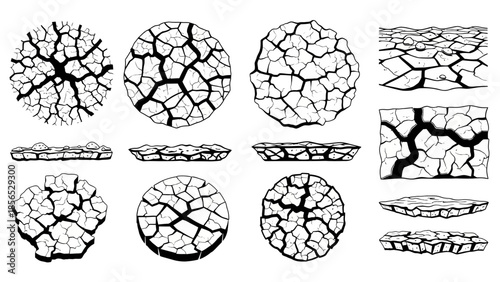 Cracked Earth Textures and Dry Soil Patterns Set.