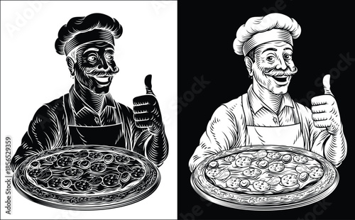 Black and white woodcut style illustration of a cheerful Italian chef holding a tray with a freshly baked pizza. For pizzeria, restaurant menus, culinary branding, and vintage style food packaging.