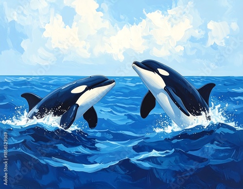 Two orcas leaping from blue waves under a cloudy sky