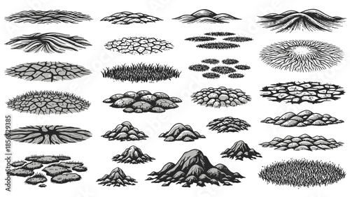 Detailed collection of hand-drawn grass tufts, rocks, and small mounds, perfect for landscape design.