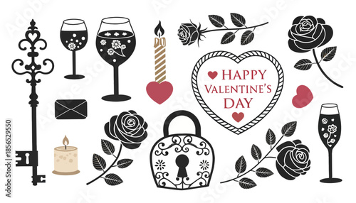Valentine's Day decorations with wine glasses and roses