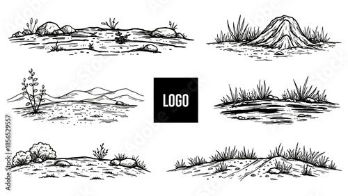Hand-drawn sketches of various natural ground elements and landscapes.