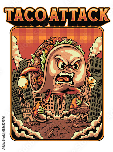 Taco Monster Character Retro Cartoon Attacking the City Vector Illustration With Text