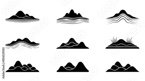 Minimalist Black Mountain Silhouettes Collection on White Background.