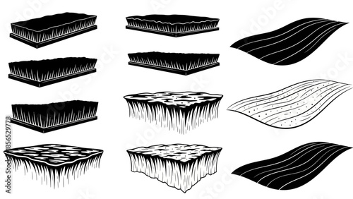 Set of various floating island and riverbed designs in black and white.