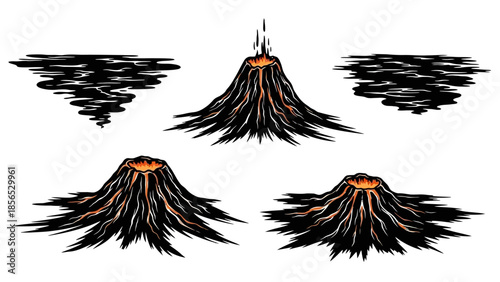 Volcano eruption stages with smoke clouds vector illustration set.