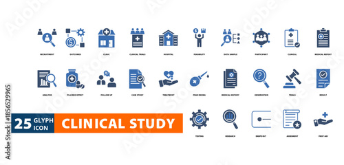 clinical study icon set with recruitment, outcomes, clinic, clinical trials, hospital, feasibility, data sample,
participant, clinical, medical report, analysis, placebo effect, follow up, case study,