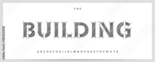 Building Technical Project Font Logo Alphabet Vector Sketch Bold Stencil Letters Set Modern Architecture Typography, Creative Typographic Design for Architect Text, Poster Headline. Vector Typeface