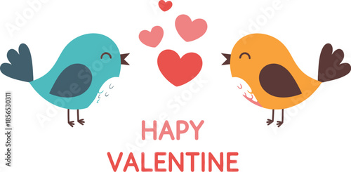Adorable illustration of two colorful cartoon birds sharing love with floating hearts and wishing happy valentine greetings on a white background