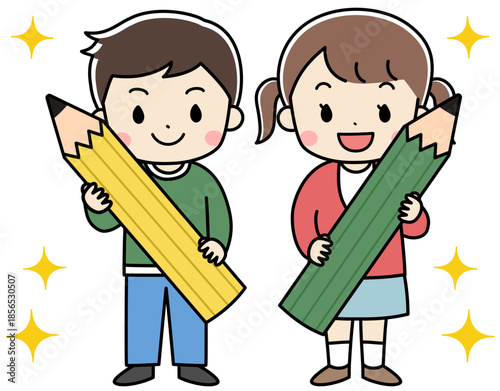 大きな鉛筆を持つ子供たちのイラスト