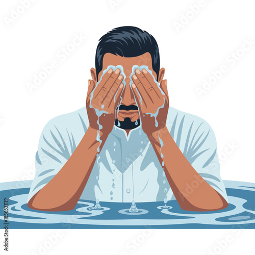Premium Transparent Muslim Man Performing Wudu Face Washing Ablution EPS High Quality Vector