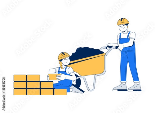 Children performing construction work in harsh conditions 2D cartoon characters. Tired kids workers pushing wheelbarrow, laying bricks flat vector people isolated on white. Spot illustration colorful