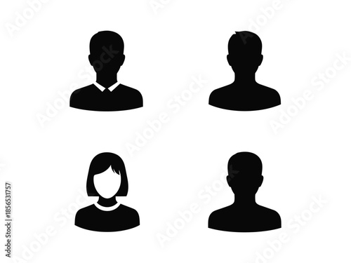Four simple black silhouette icons representing diverse people and profiles