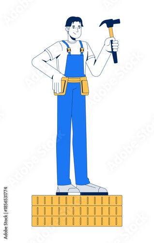 Proud manual worker standing on earnings 2D cartoon character. Korean labourer with hammer. Asian repairman blue collar atop coins flat vector person isolated on white. Spot illustration colorful