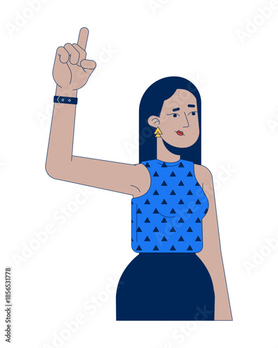 Hesitant middle eastern woman with raised index finger 2D cartoon character. Uncertain questioning turkish female with subtle frown flat vector person isolated on white. Spot illustration colorful