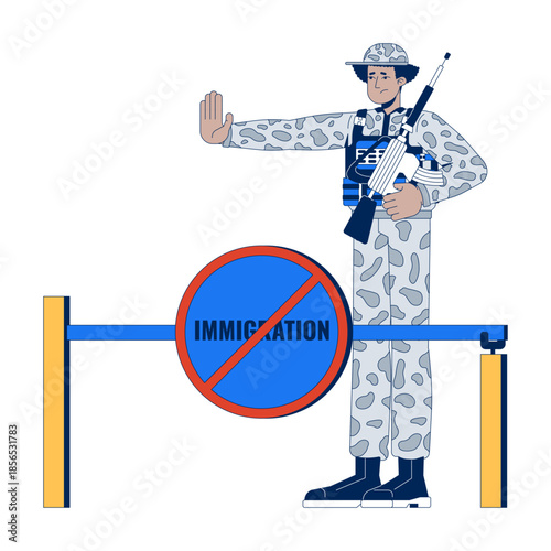 Armed soldier stopping immigration at border 2D cartoon character. No entry. Military guard sad latino man at security checkpoint flat vector person isolated on white. Spot illustration colorful