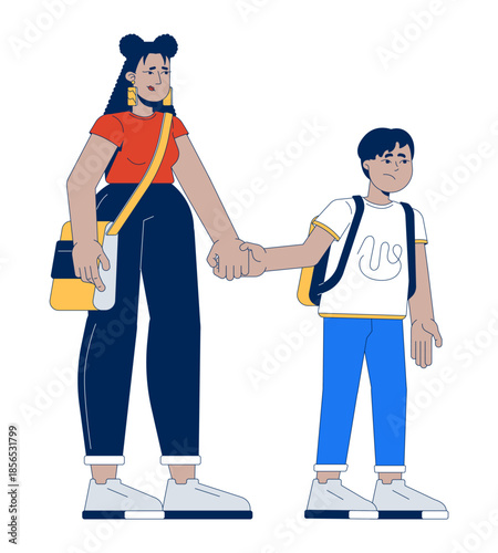 Worried mexican mother and child holding hands 2D cartoon characters. Latino family displacement migration. Latin american refugees flat vector people isolated on white. Spot illustration colorful