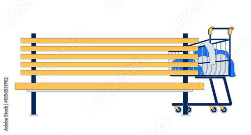 Shopping cart with belongings next to park bench 2D cartoon object. Urban poverty. Shoppingcart with clothes and outdoor seat isolated element flat vector clip art on white. Spot illustration