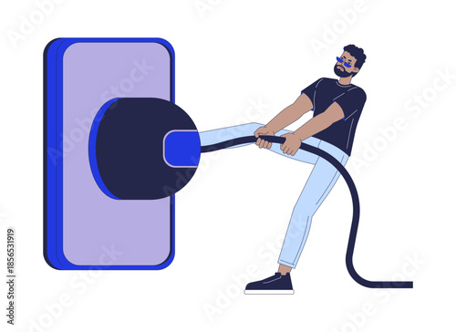Unplugging from technology 2D illustration concept. Digital detox. Black man forcefully disconnecting large power cable from device cartoon character isolated on white. Flat abstract vector metaphor