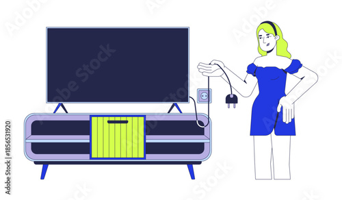 No TV lifestyle 2D vector illustration. Mindful offline living. Screen break. Woman unplugging television from power outlet flat character isolated on white background. Colorful cartoon image