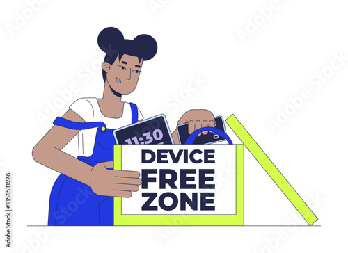 Device free zone 2D vector illustration. Mindful technology use. No phone lifestyle. Black woman placing smartphone into box flat character isolated on white background. Colorful cartoon image