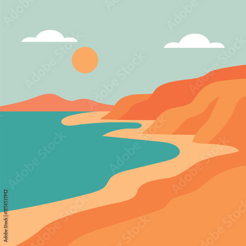 Minimalist landscape featuring a sandy beach ocean and a warm sunset scene