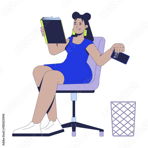 Reading book instead of using phone 2D vector illustration. Digital detox. Mindful leisure time. Offline read. Slow living woman flat character isolated on white background. Colorful cartoon image