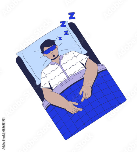 Sleeping without light pollution 2D vector illustration. Night rest. Bedtime routine. Man napping peacefully in bed with eye mask flat character isolated on white background. Colorful cartoon image