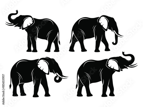 Four black and white silhouettes of elephants in various poses