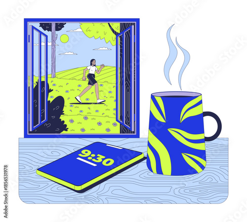 Leave phone home lifestyle 2D vector illustration. Digital detox mindfulness. Smartphone left on table while woman strolling outdoors flat character isolated on white. Colorful cartoon image