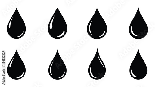 Set of eight black stylized teardrop liquid icons in rows