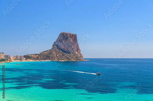 Penyal d'Ifac Natural Park mountain Penon de Ifach Calpe coastline aerial view Costa Blanca coast, Bahia de Calpe bay Mediterranean Sea, azure turquoise water in sunny day, Alicante province, Spain