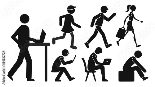 Black silhouettes of people working and running with laptops and briefcases