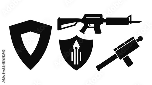 Black silhouettes of a rifle, shield, and hammer on a