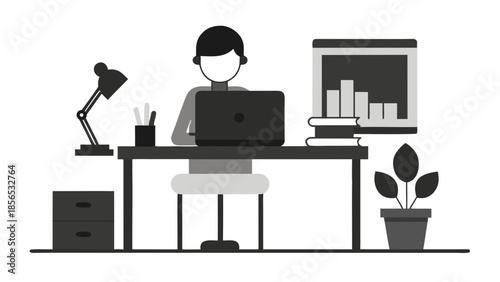 A person sitting at a desk with a laptop computer and office supplies