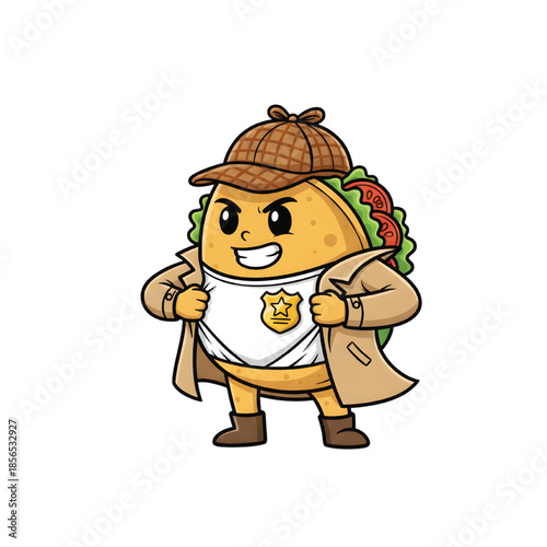 Taco detective revealing a secret hero badge under coat