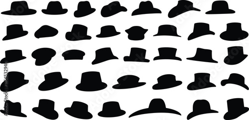 Black hat silhouettes collection, classic and modern headwear shapes, fedora and cowboy styles, minimal vector icons set for fashion, design, branding use