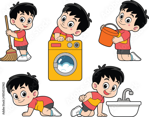 Cartoon boy doing household chores, sweeping, laundry, cleaning, helping at home, child responsibility, domestic work, hygiene, parenting, daily routine, vector illustration